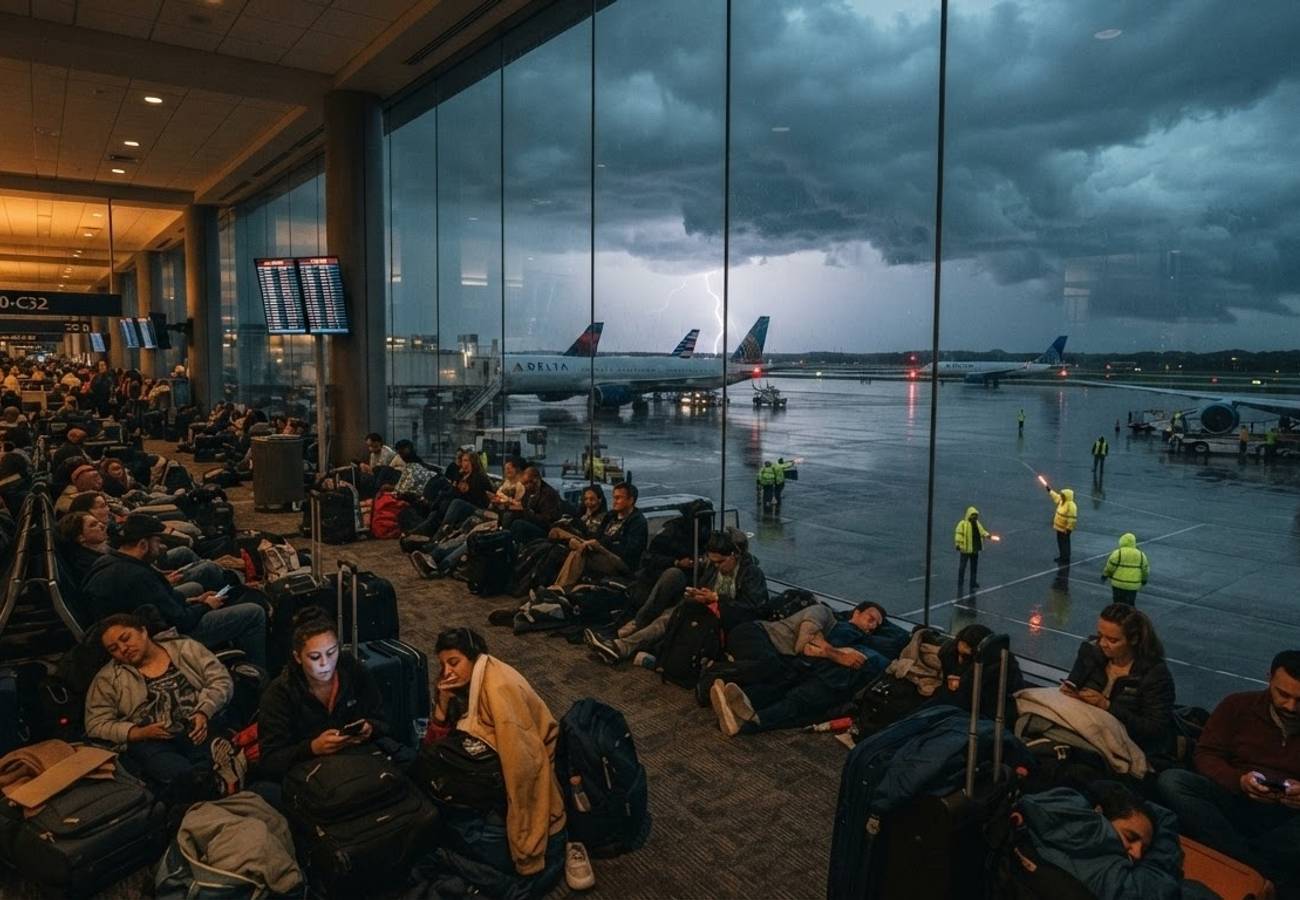 Aerial view of congested airport tarmac during weather disruptions
