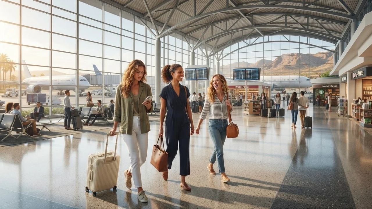 Modern airport terminal interior with natural wood architecture and travelers walking to gates
