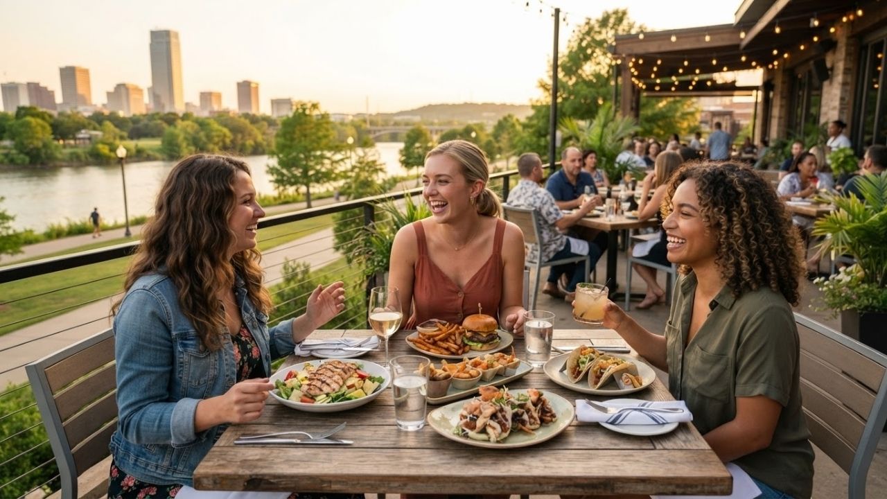 A vibrant outdoor restaurant patio with string lights overlooking a tranquil lake at sunset.