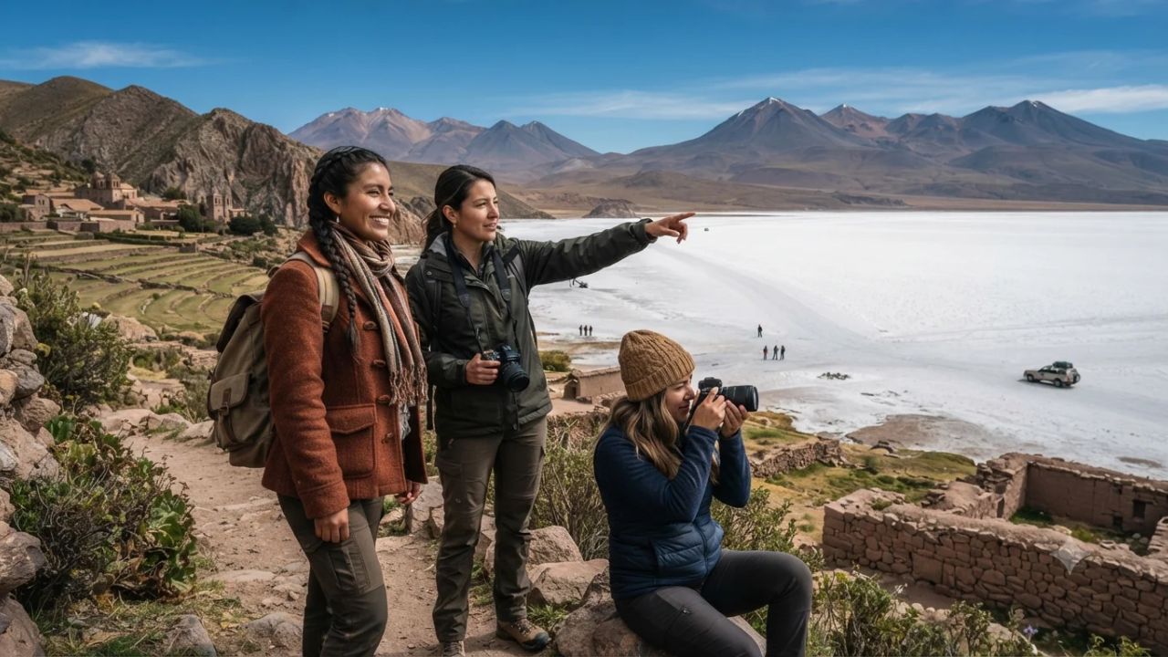 High altitude panoramic view of Andean peaks connecting Peru Bolivia salt flats and Chilean desert