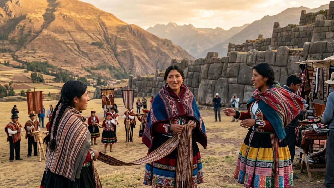 Traditional Inti Raymi festival celebration at Sacsayhuaman fortress near Cusco in Peru