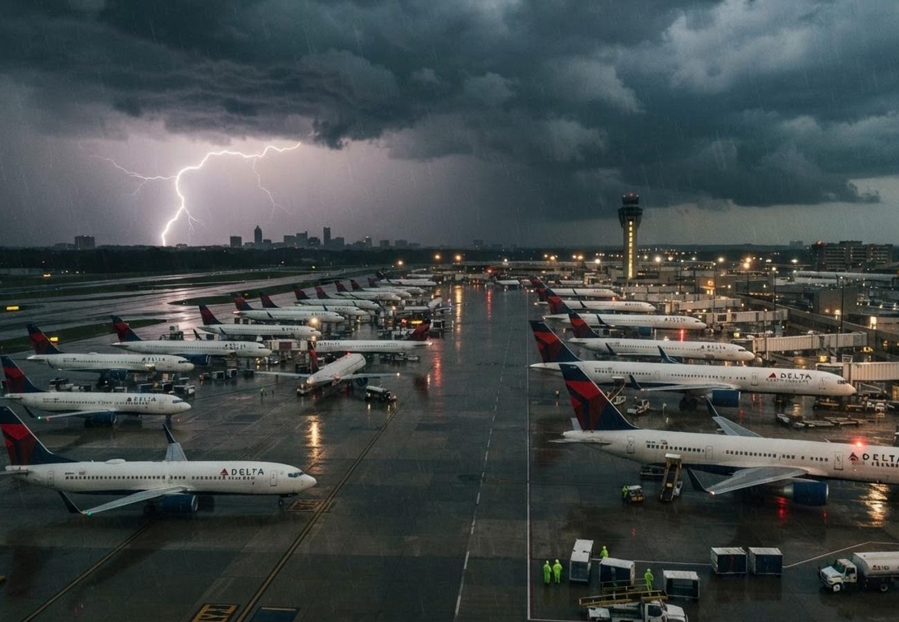 Delta Air Lines aircraft grounded on the tarmac at Hartsfield-Jackson Atlanta International Airport