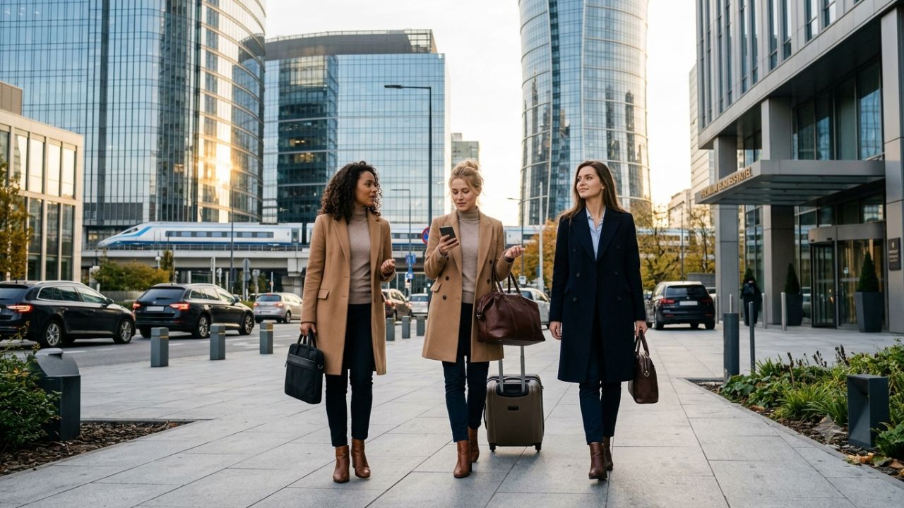 Modern high-rise corporate skyline and high-speed Pendolino train in Warsaw Poland
