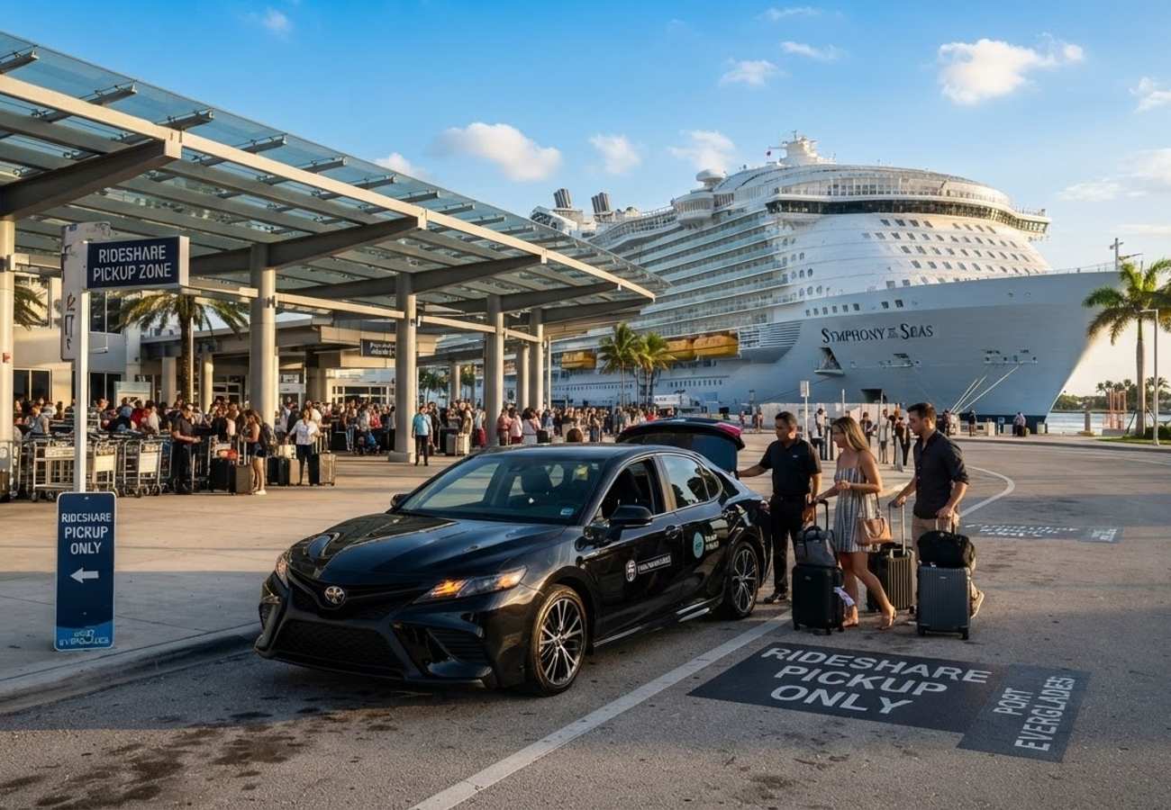Rideshare vehicles waiting at a cruise terminal pickup zone at Port Everglades