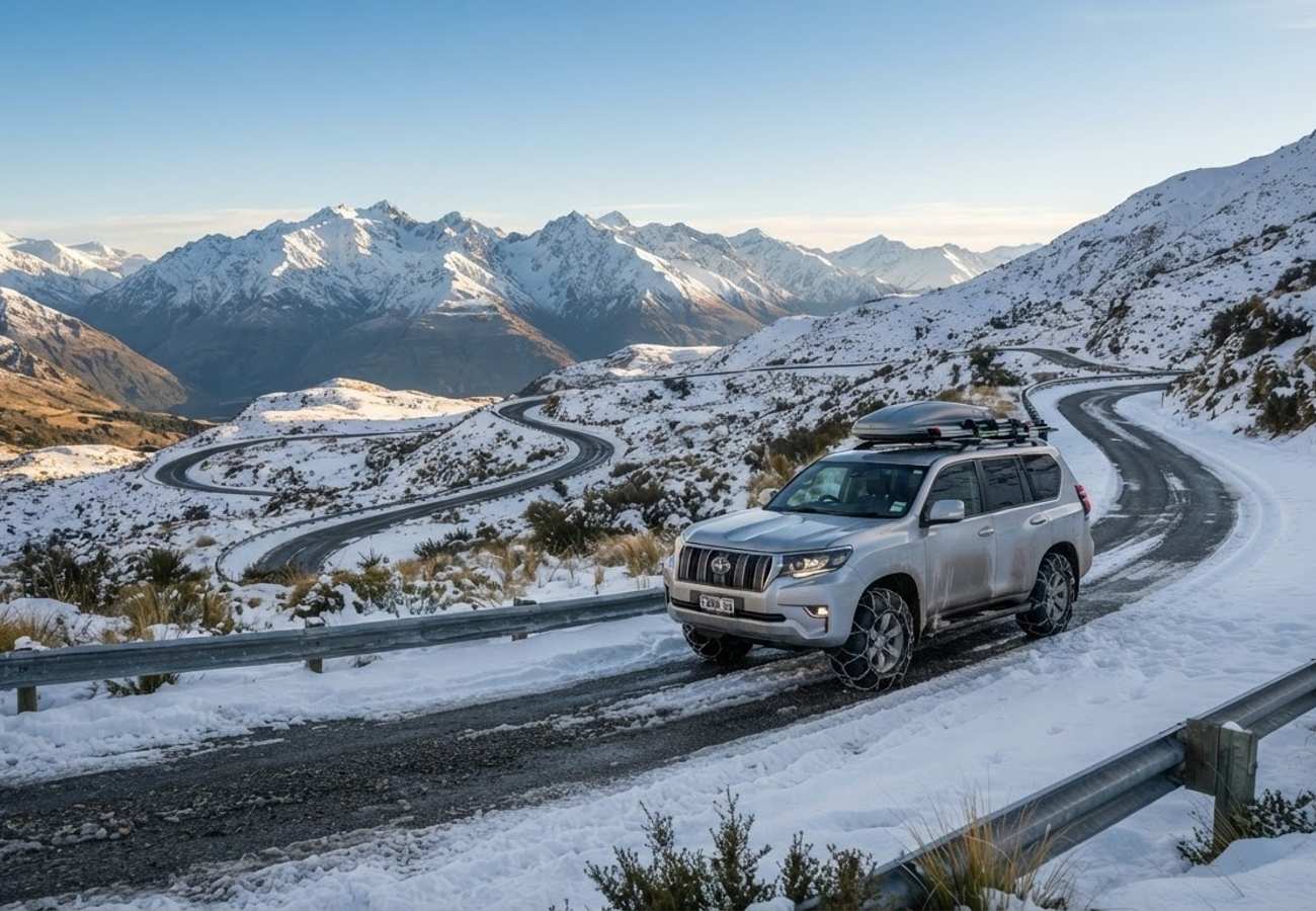 Rental car parked in a snowy landscape near Queenstown, New Zealand