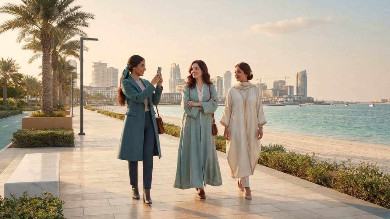 Luxury Marjan Beach waterfront resort and promenade in Ras Al Khaimah UAE