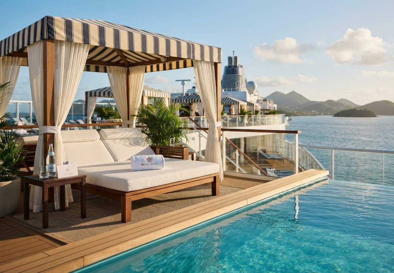 Royal Caribbean cruise ship pool deck with luxury cabanas