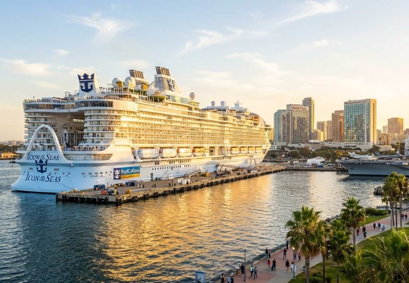 Aerial view of cruise ships docked at the Port of San Diego waterfront