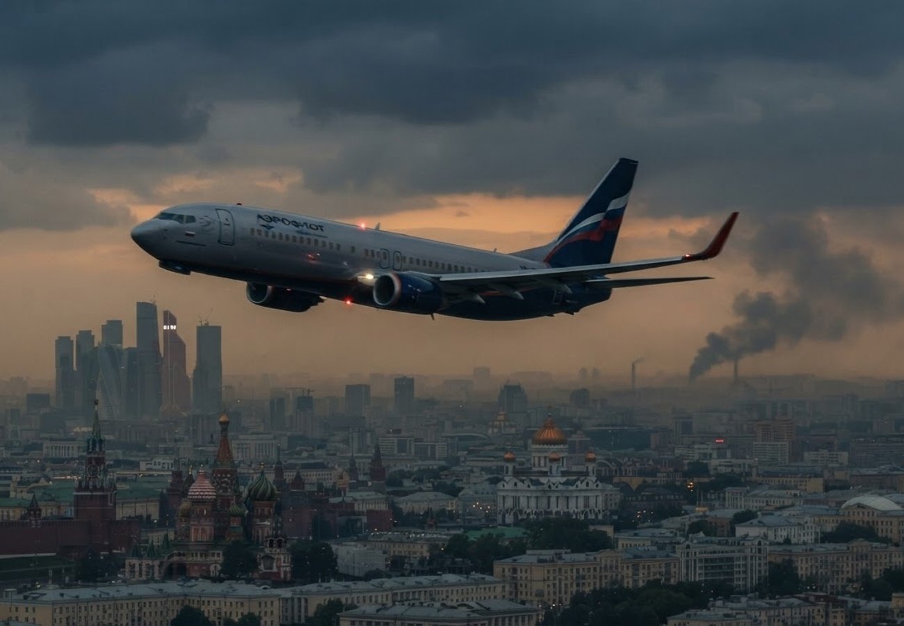 Commercial aircraft flying over a city skyline with air defense systems in the distance