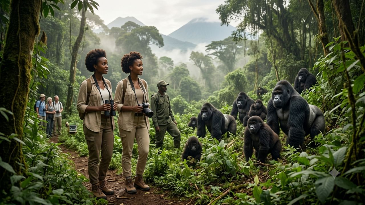 Mountain gorilla in lush rainforest of Volcanoes National Park in Rwanda