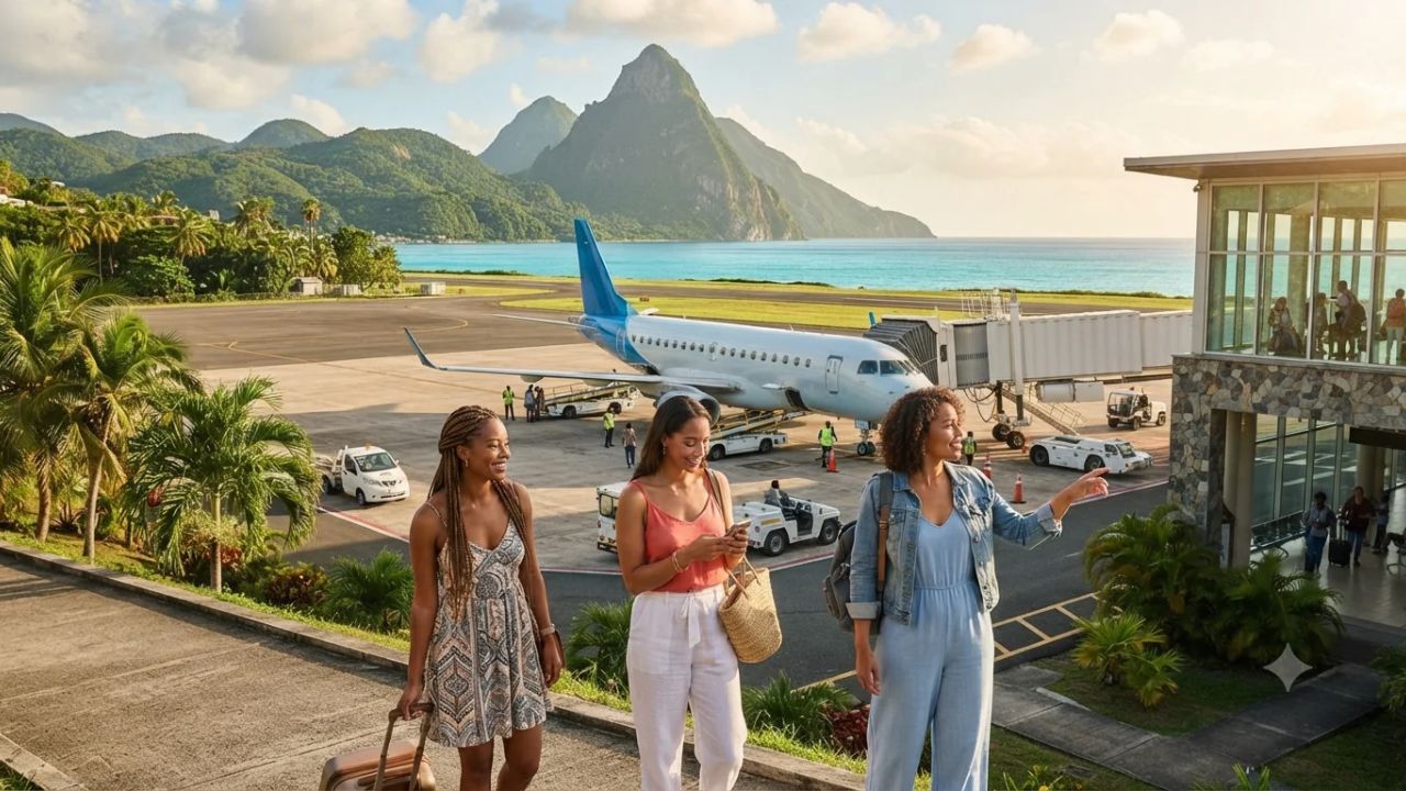 Aerial view of Saint Lucia coastline with turquoise waters and the iconic volcanic Pitons