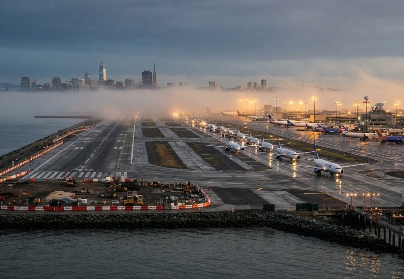 Aerial view of San Francisco International Airport runways and taxiways