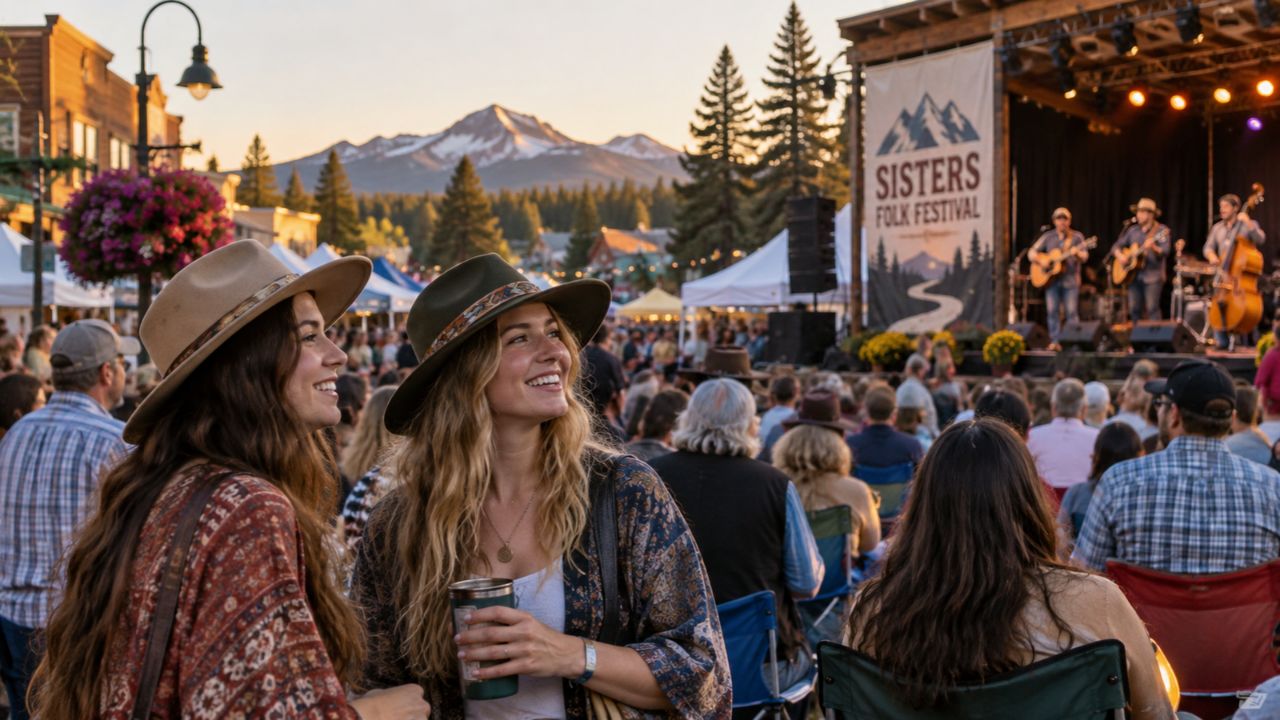 Acoustic musicians playing guitars on an open stage in Sisters Oregon under the Cascade mountains