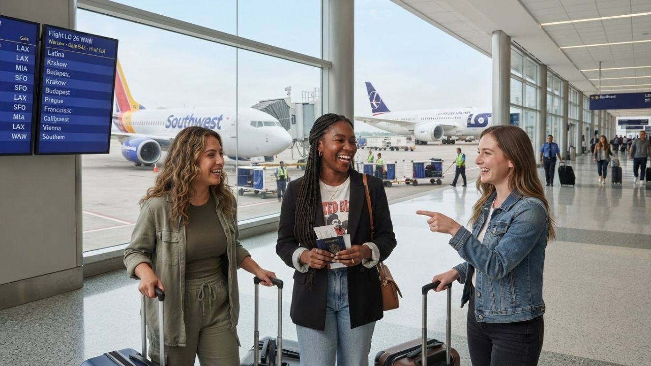 Passengers boarding a LOT Polish Airlines long-haul Dreamliner flight at an international airport terminal.