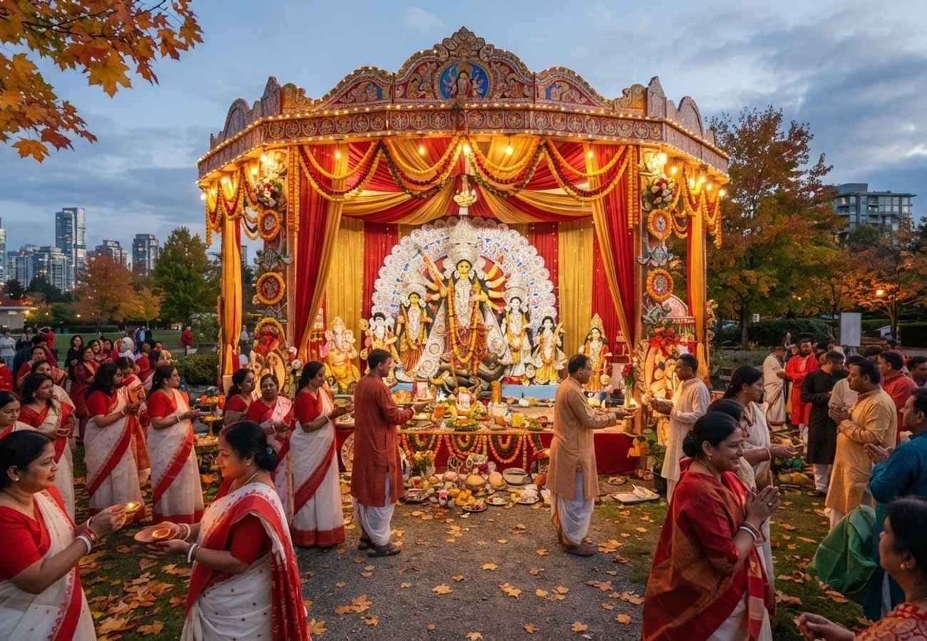 Traditional Durga Puja celebration with idols and cultural decorations in Surrey BC