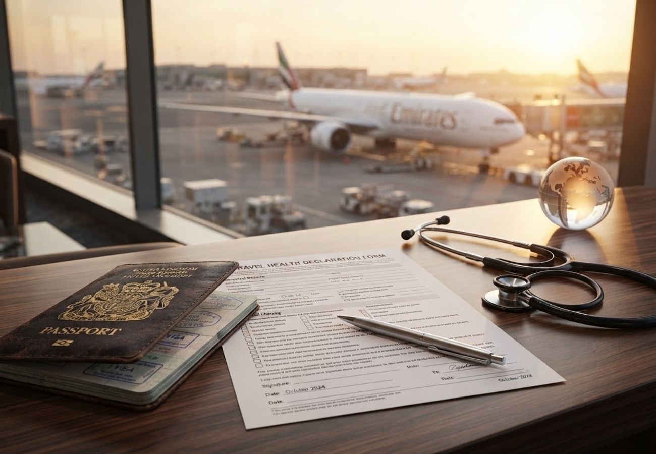 Medical documents and travel insurance policy on a desk with a passport