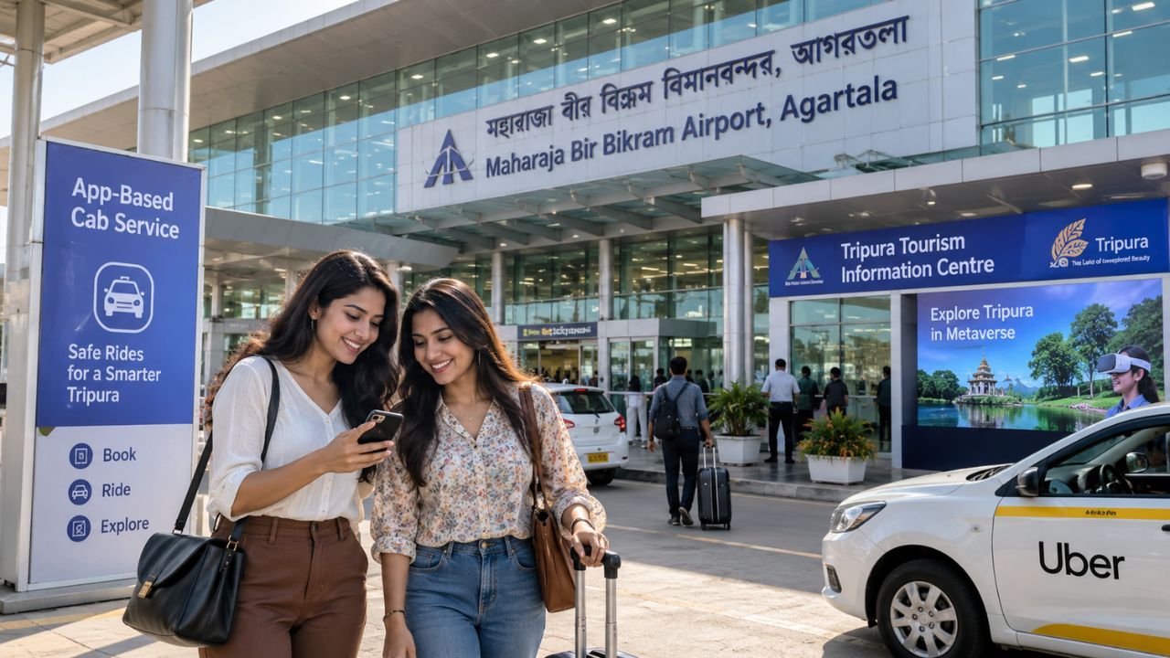 Modern terminal exterior of Maharaja Bir Bikram Airport in Agartala with organized passenger transit lanes