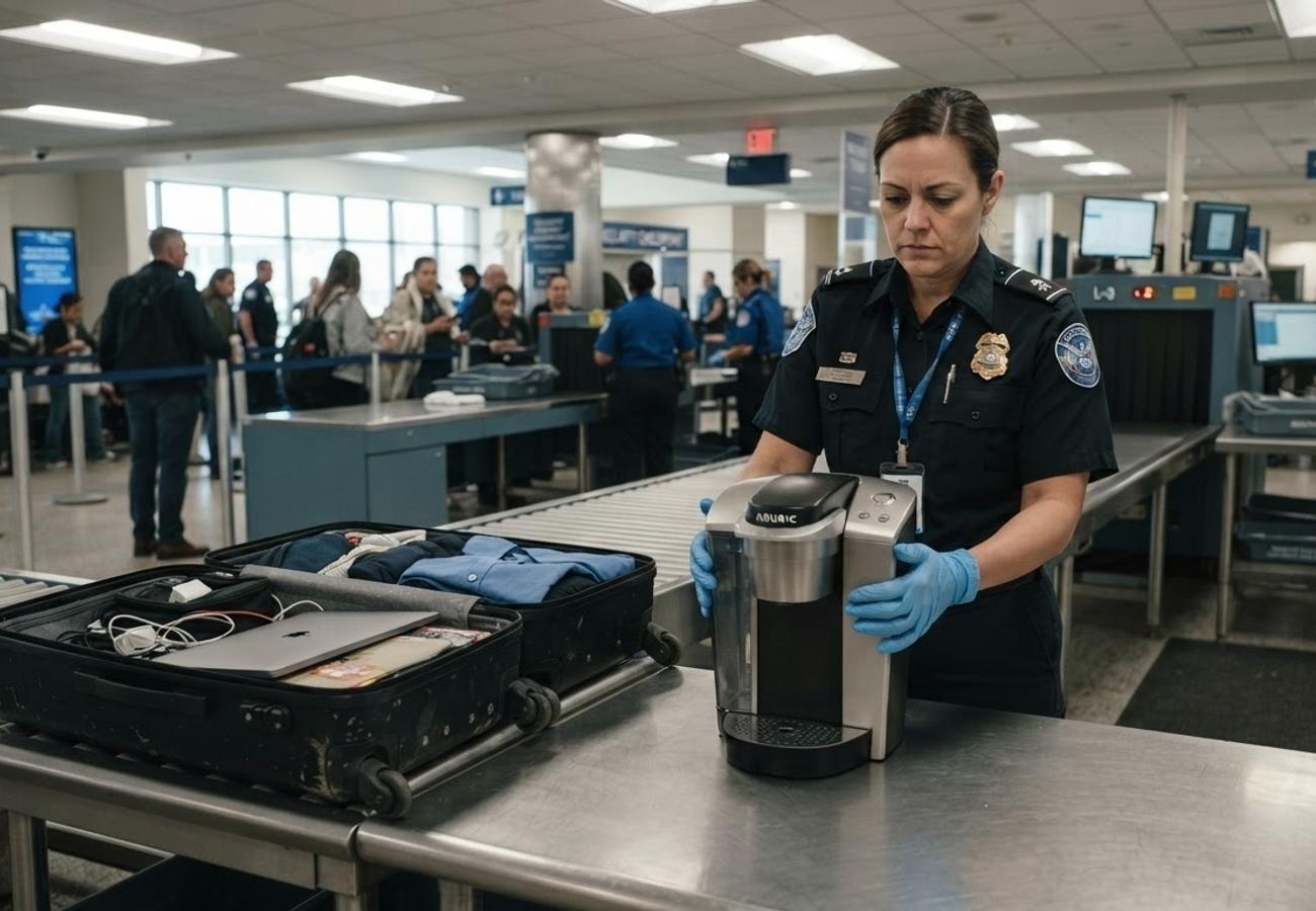 TSA security checkpoint with passengers and baggage scanners