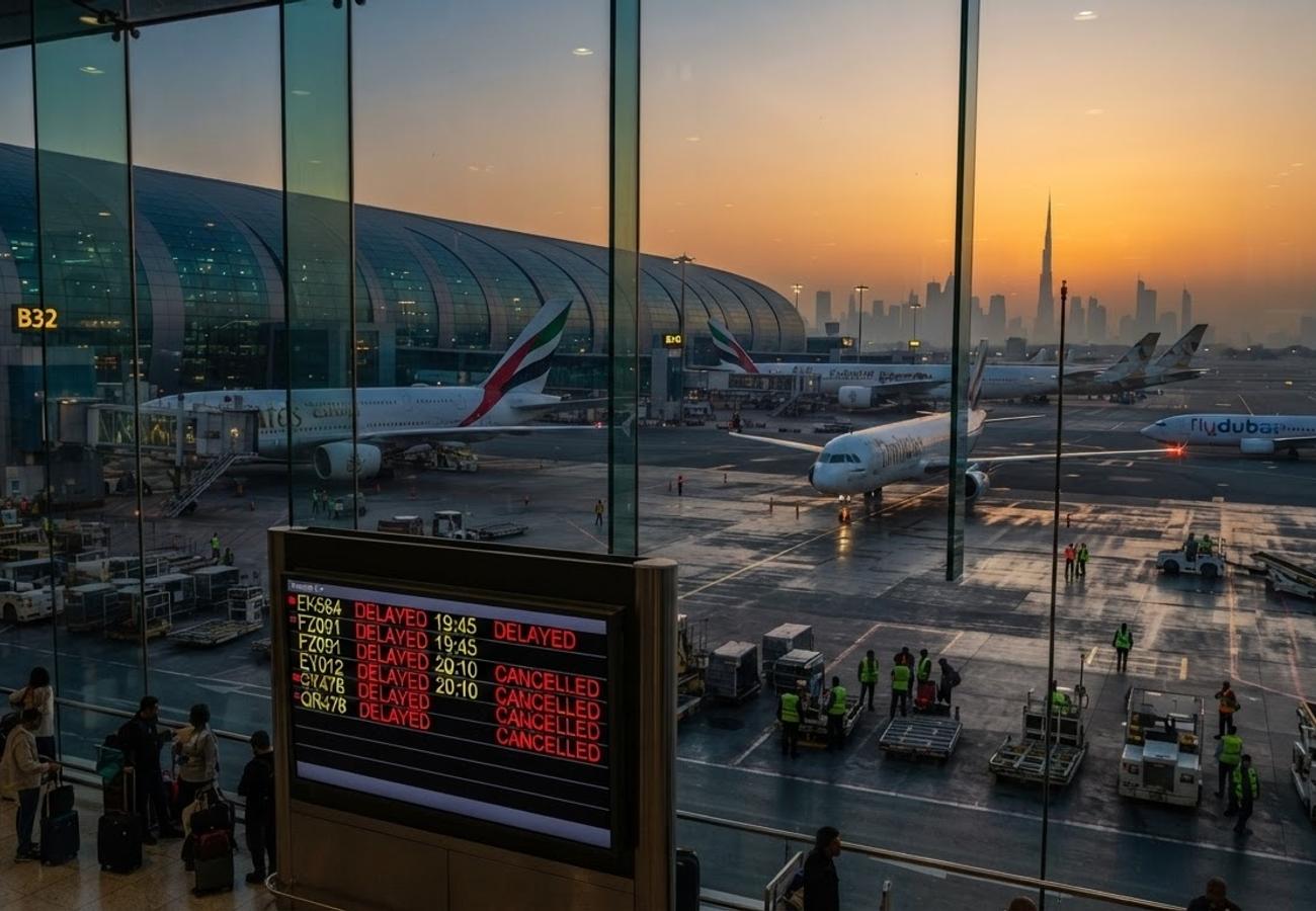 Aerial view of Dubai International Airport terminals during flight disruptions