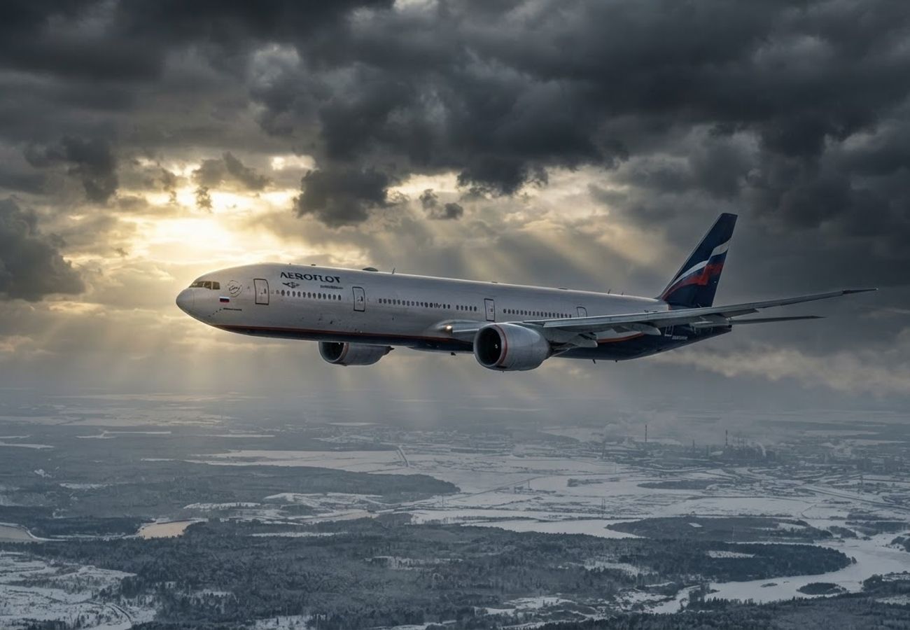 Aerial view of a commercial aircraft flying through clouds
