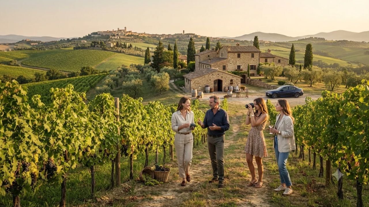 Scenic rolling hills and vineyard estates in Montefalco Umbria with olive groves and cypress trees