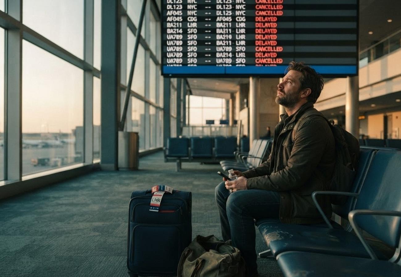 Airport terminal with delayed flight boards