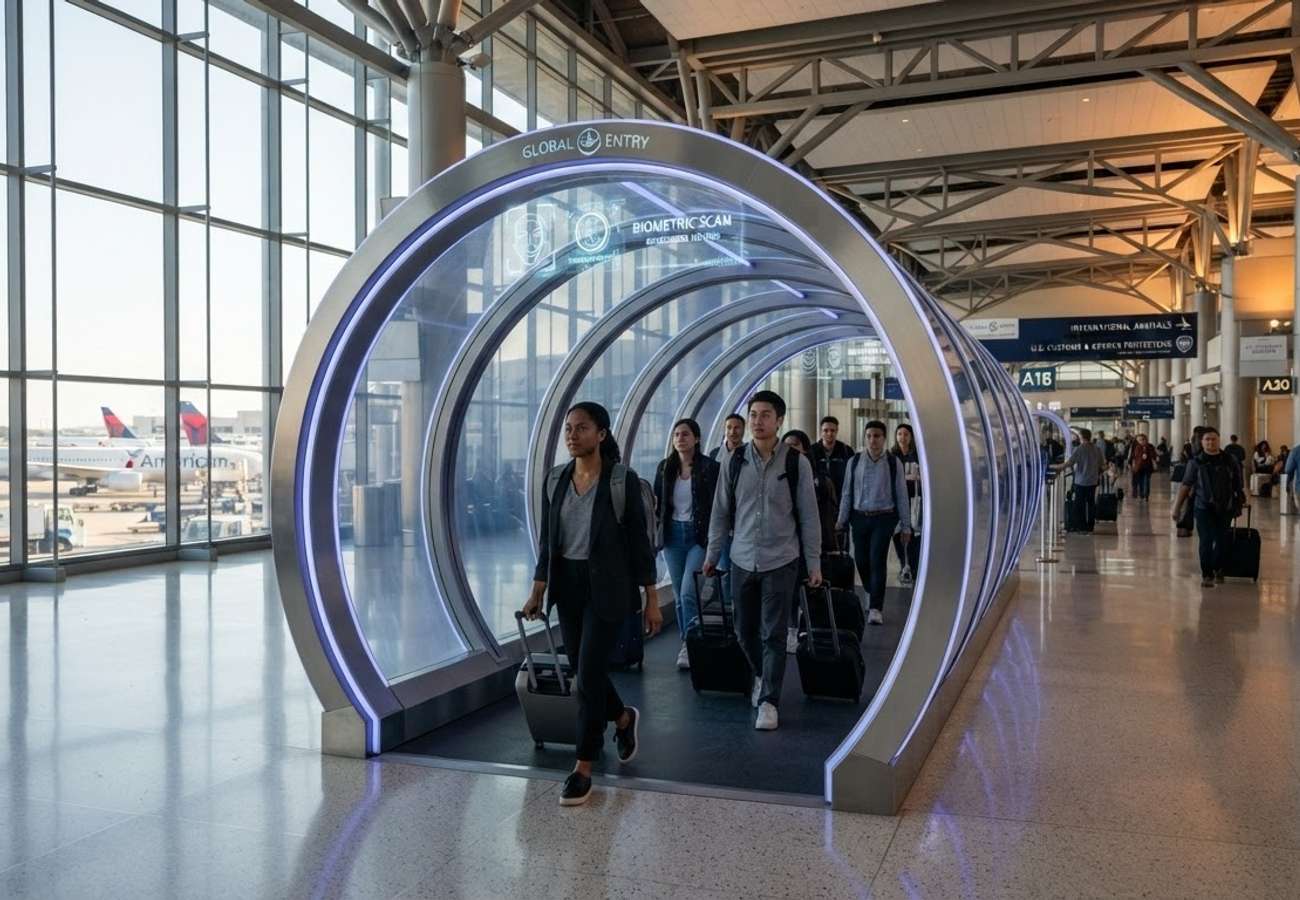 Biometric facial recognition technology at a US international airport arrival hall