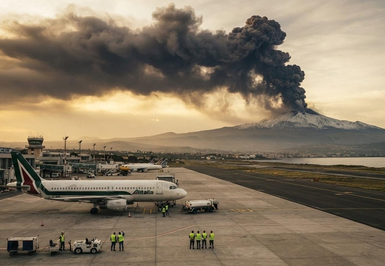 Volcanic ash cloud rising from Mount Etna over the Sicilian landscape