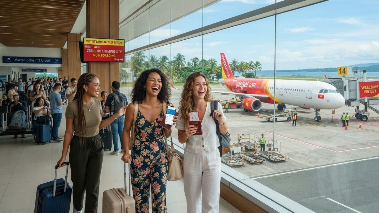 Vietjet Airbus aircraft preparing for boarding on tarmac with tropical palm trees in background