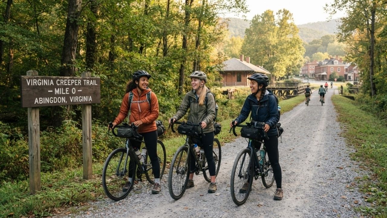 A cyclist crossing a restored wooden railroad trestle on the Virginia Creeper Trail surrounded by green trees.