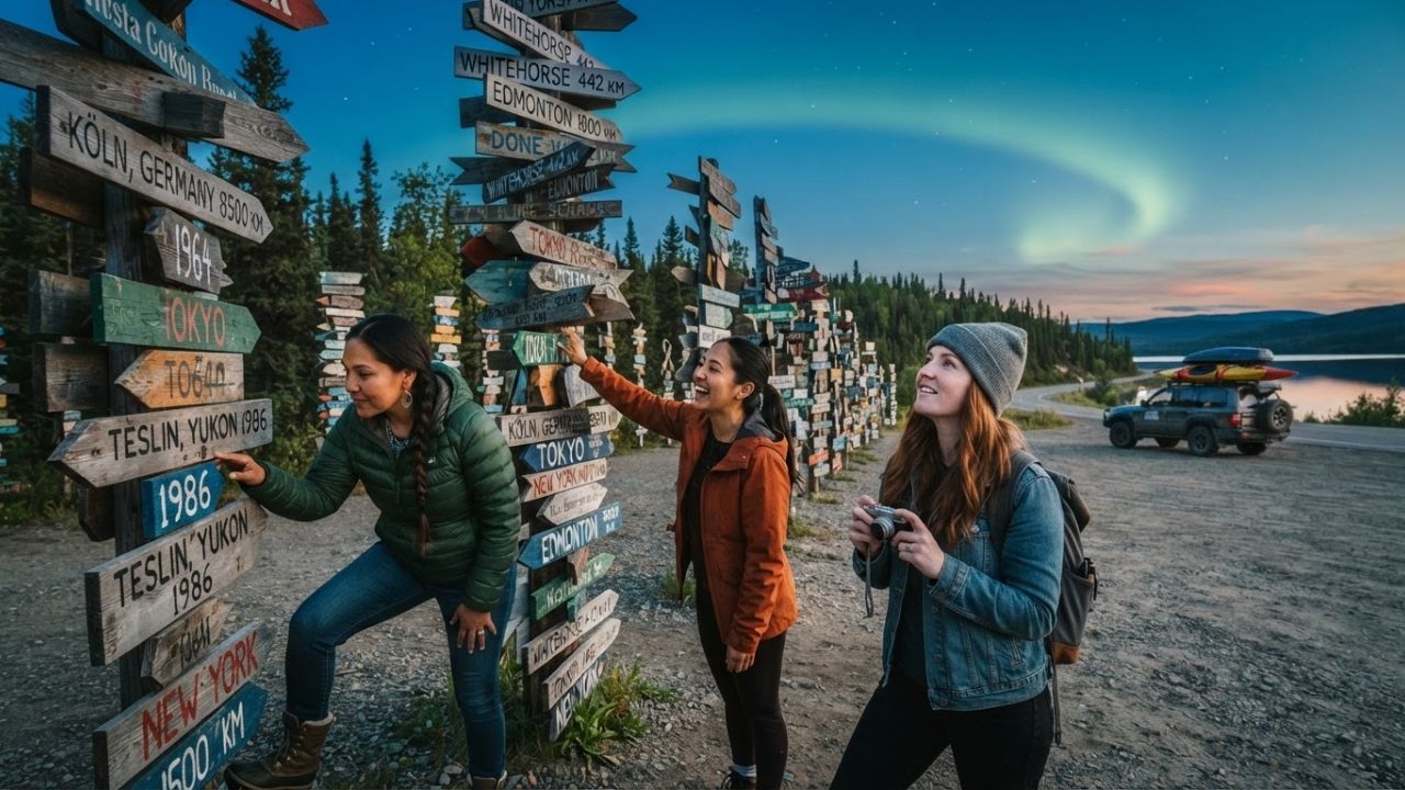 Sign Post Forest in Watson Lake Yukon featuring thousands of international wooden signs