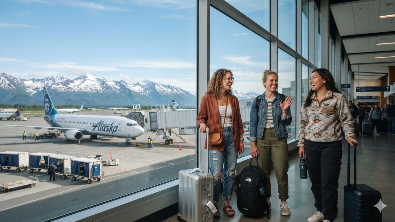 Alaska Airlines Boeing aircraft on tarmac with majestic snowy mountain peaks behind Ted Stevens Anchorage International Airport