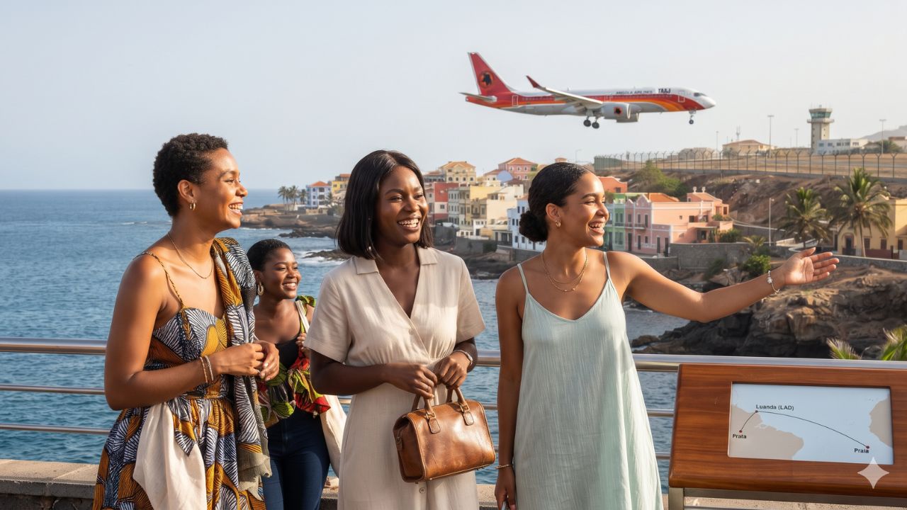 Twin-engine commercial jetliner flying over dramatic volcanic cliffs and turquoise waters of Cape Verde