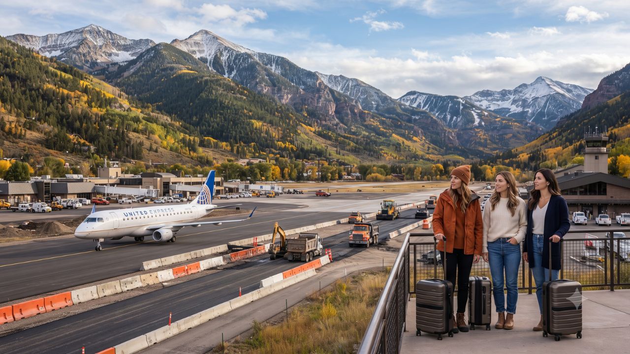Commercial airliner approaching the runway at Aspen Pitkin County Airport surrounded by steep snow-dusted Rocky Mountain peaks