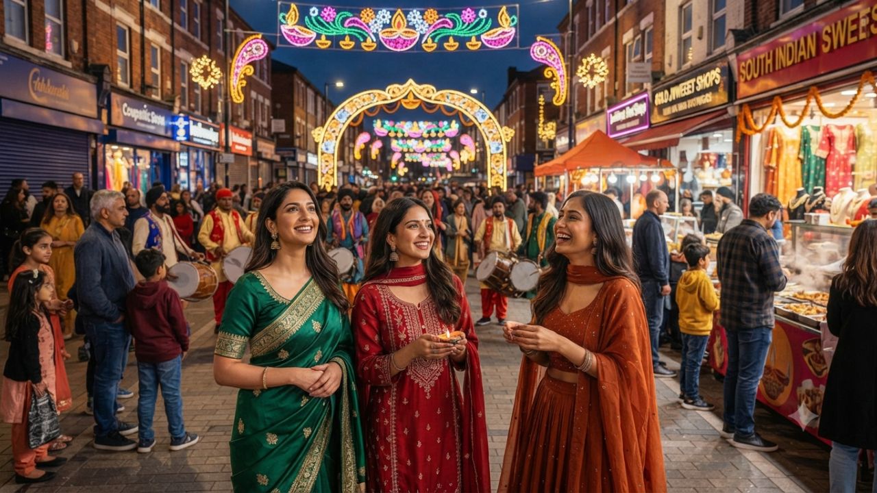 Soho Road Diwali light illuminations and festival crowds in Birmingham UK