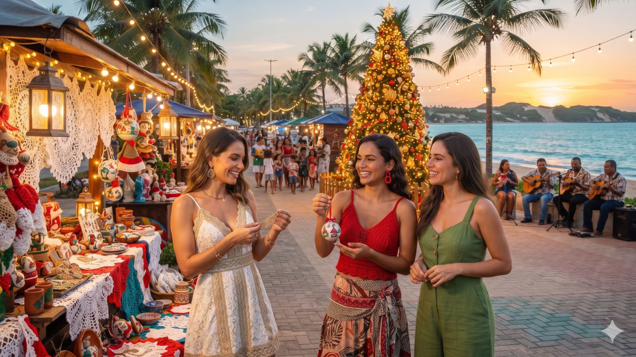 Illuminated palm-lined beachfront promenade and open-air Christmas market stalls at dusk in Northeast Brazil