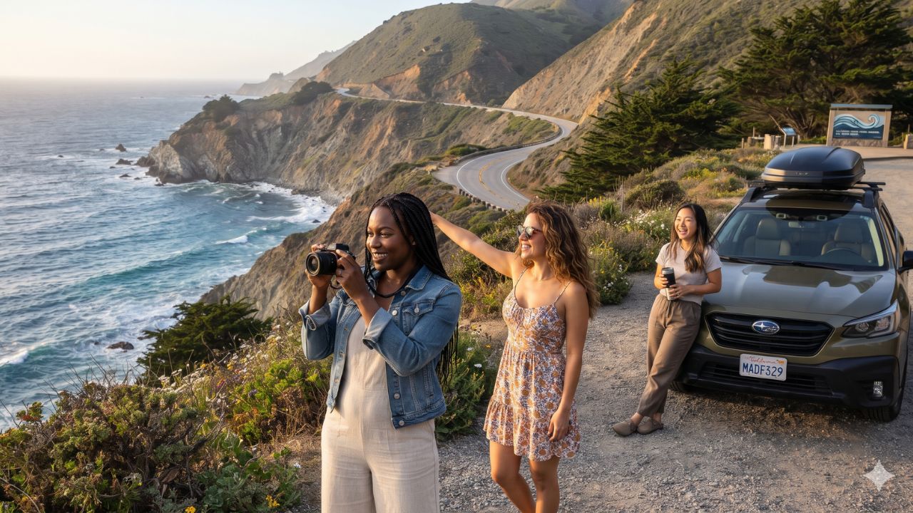 Scenic coastline along Highway 1 in San Luis Obispo County with rugged cliffs and ocean surf