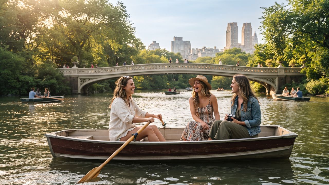 Classic wooden rowboats gliding across Central Park Lake with Bow Bridge and the Manhattan skyline in the background