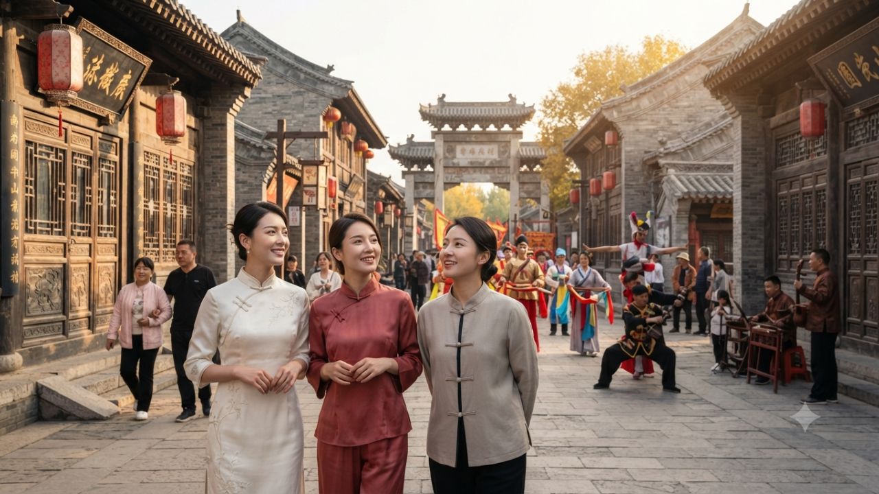 Traditional architectural streetscape and festive red lanterns of Boyan Ancient Town during National Day holiday