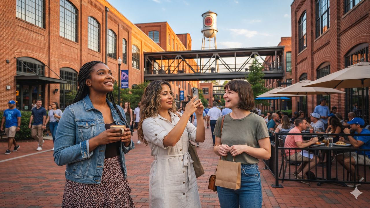 Historic brick tobacco warehouses and modern pedestrian pathways at the American Tobacco Campus in Durham North Carolina