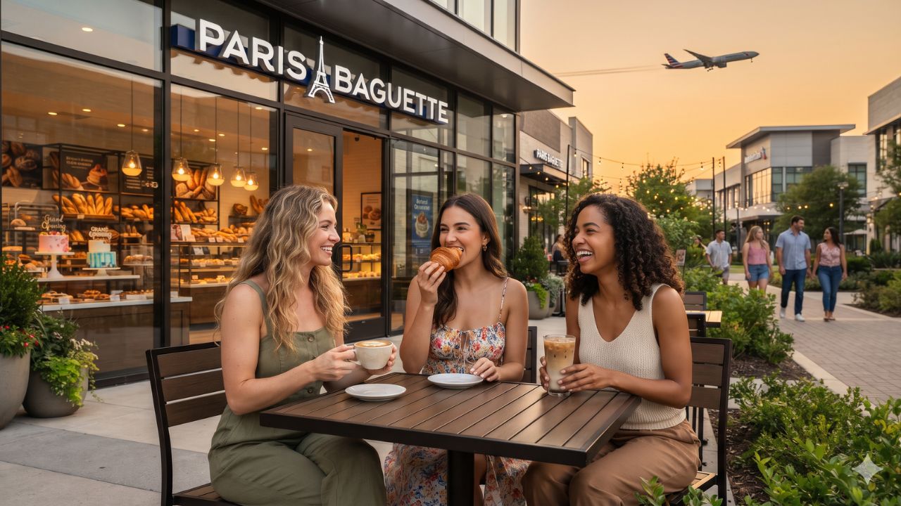 Freshly baked artisan croissants, pastries, and specialty fruit tarts arranged inside a bakery cafe showcase in Texas
