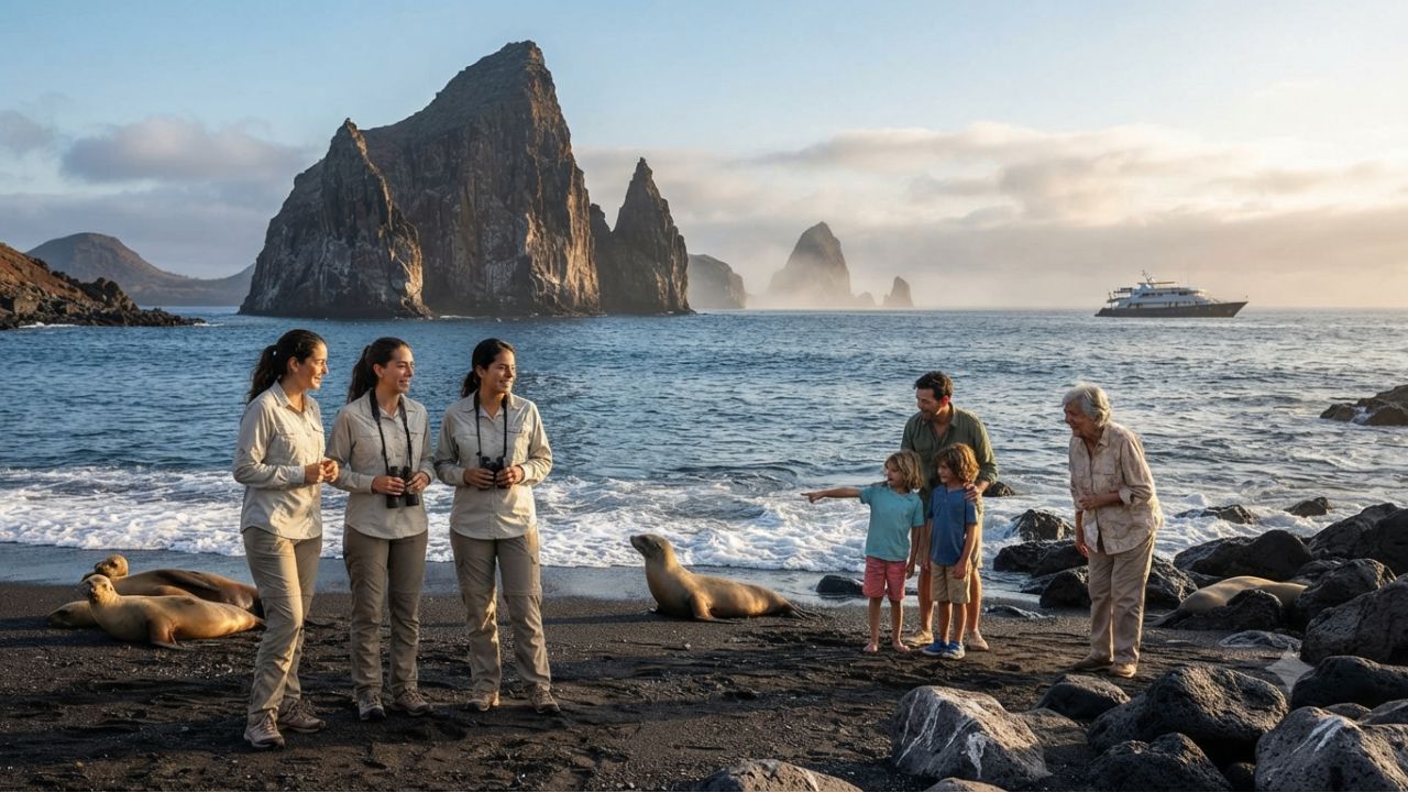 Small expedition vessel cruising near volcanic islands and marine wildlife in the Galapagos