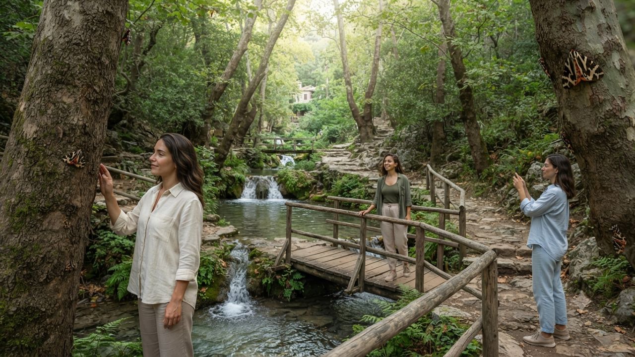Shaded wooden footbridge crossing a stream amidst lush forest foliage in Rhodes Butterfly Valley