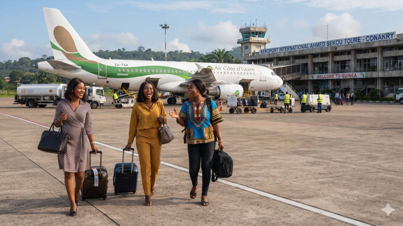 Modern commercial airliner on tarmac at Ahmed Sekou Toure International Airport in Conakry Guinea