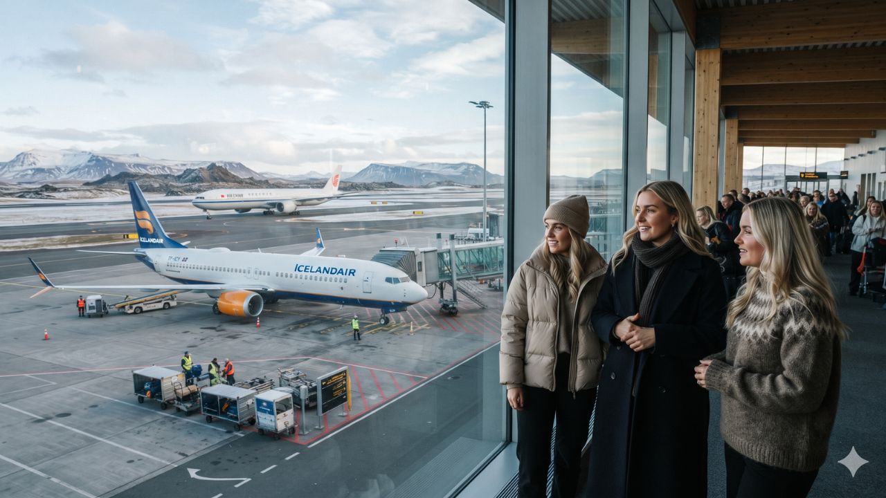 Commercial airliner approaching runway over volcanic lava fields near Keflavik Airport in Iceland
