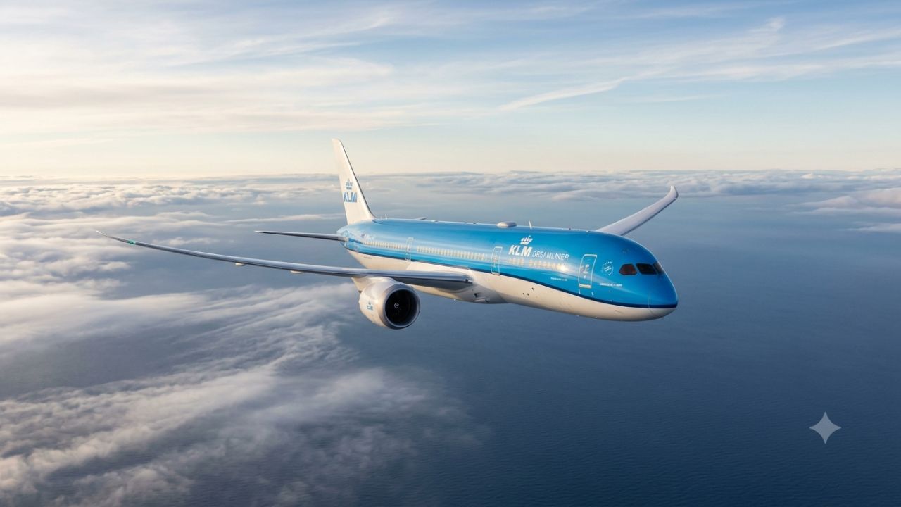 KLM Boeing 787-10 Dreamliner aircraft cruising in high altitude sky