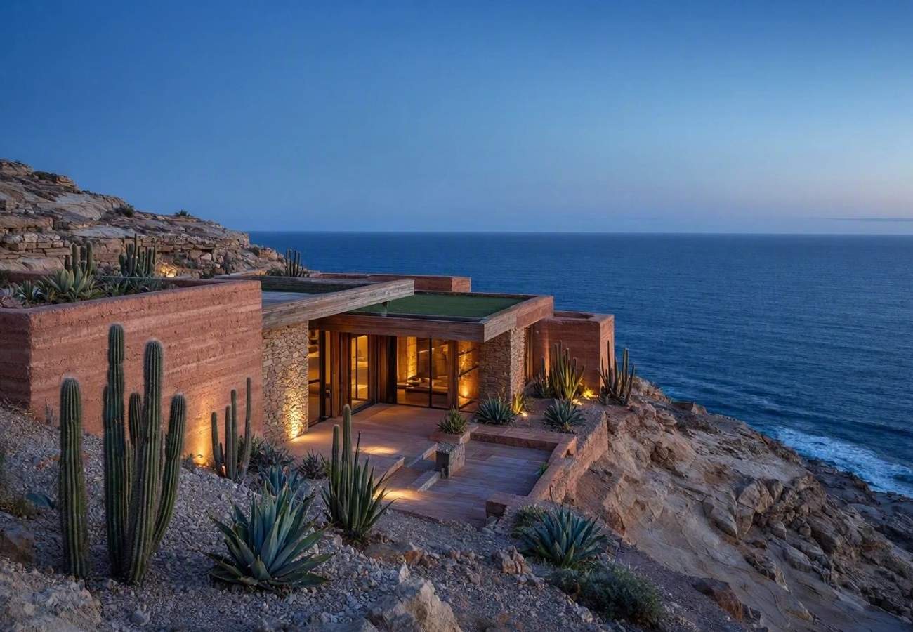 Aerial view of the rugged coastline where the Baja desert meets the Sea of Cortez