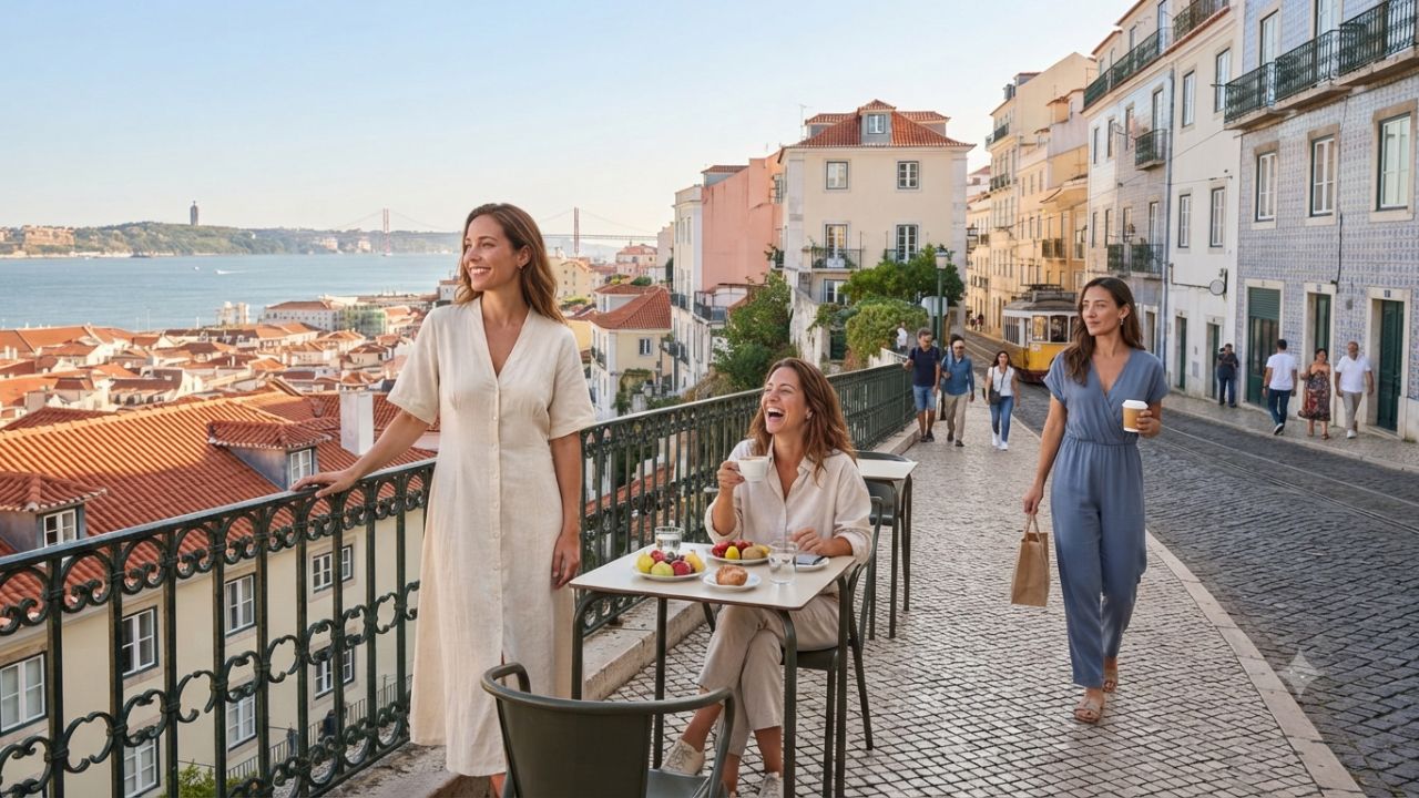 Sunny scenic view of Lisbon terracotta rooftops, Miradouro, and Tagus River in Portugal