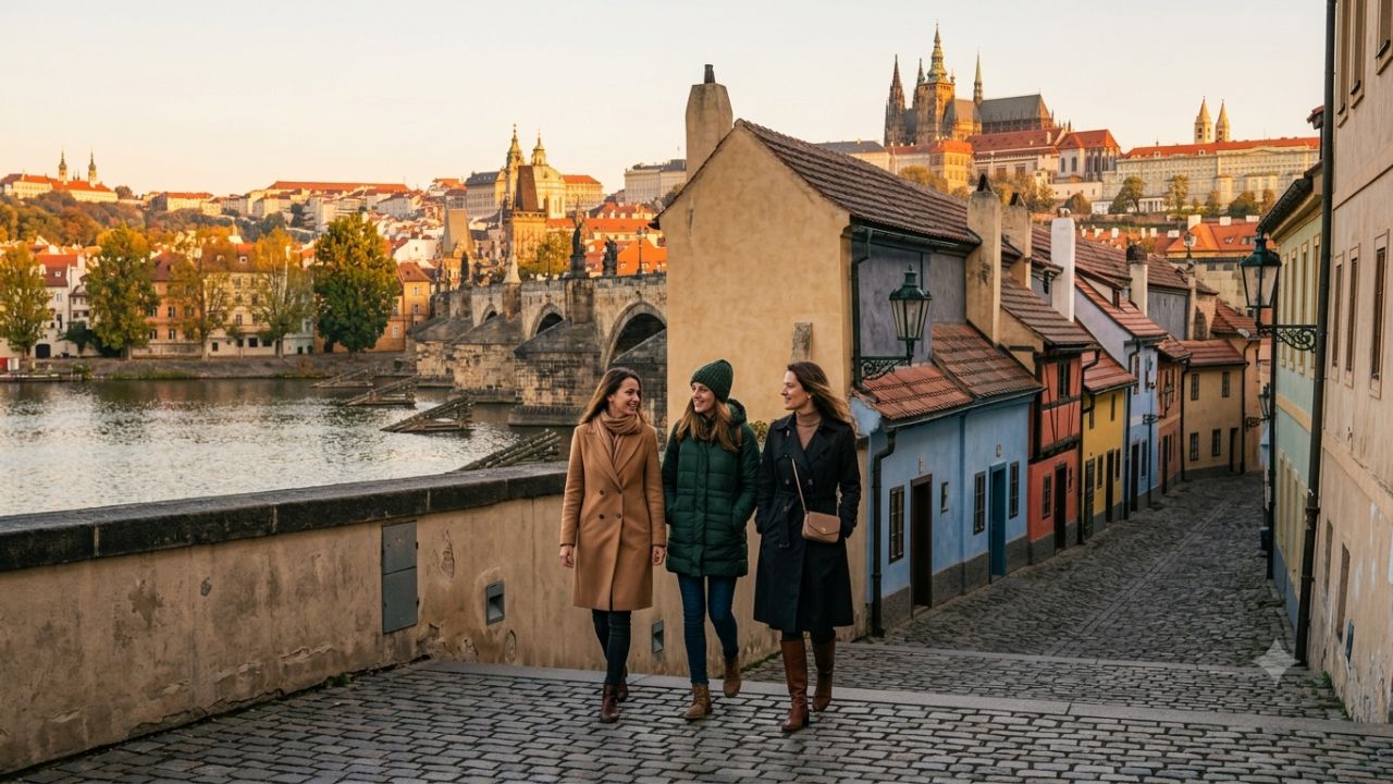 Panoramic view of Prague with the iconic Gothic towers of Charles Bridge and Prague Castle across the Vltava River