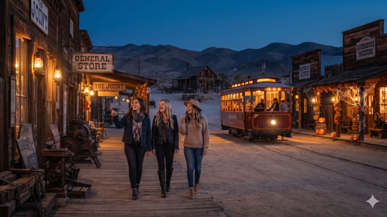 Dusk falling over preserved 1890s wooden storefronts and vintage saloon porches in the historic mining town of Randsburg, California
